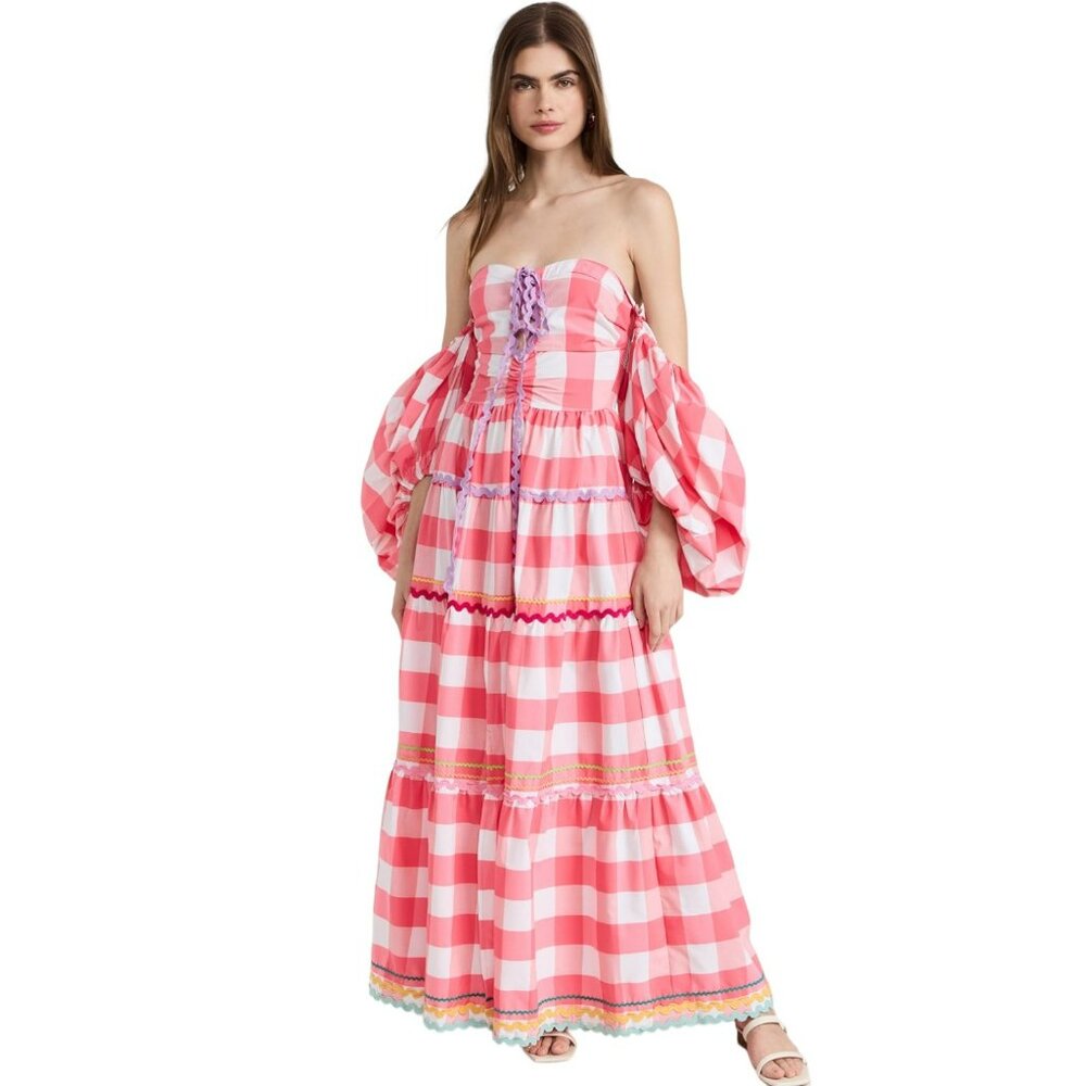 Sundress Erika Pink Gingham Off Shoulder Puff Sleeve Maxi‎ Dress XS S Maximalist